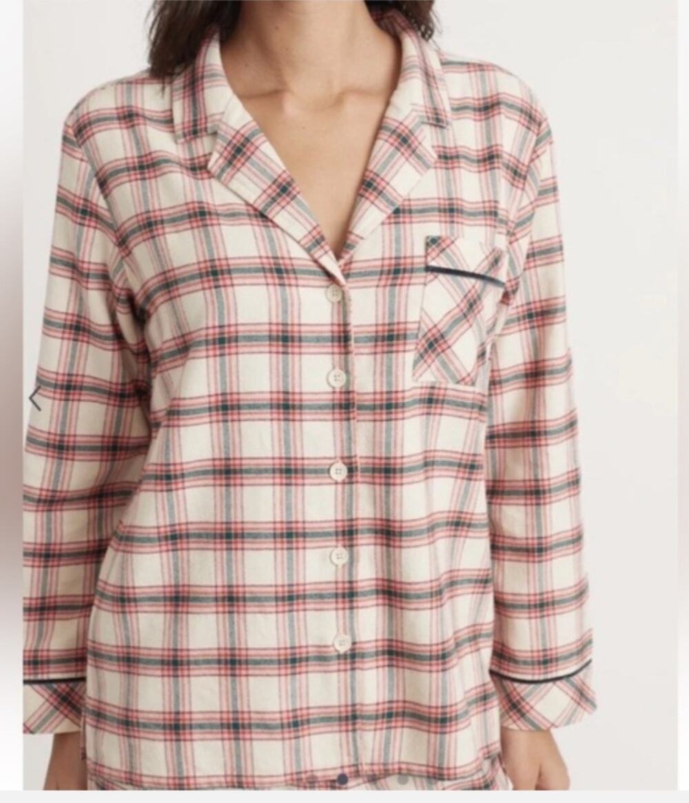 Marine Layer Plaid Pajama Set Size Small Cream Red Green Flannel Lounge Set.